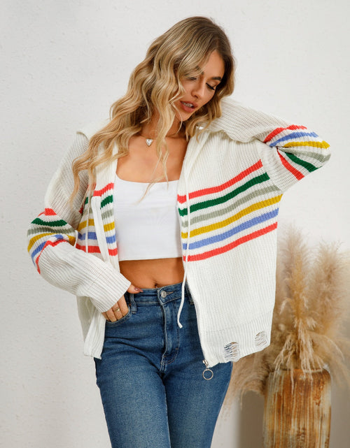 Load image into Gallery viewer, Drawstring Striped Dropped Shoulder Hooded Cardigan
