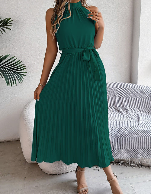 Load image into Gallery viewer, Grecian Neck Tie Waist Pleated Dress
