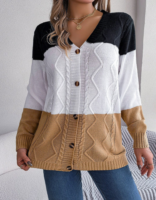 Load image into Gallery viewer, Cable-Knit Striped Button Up Cardigan
