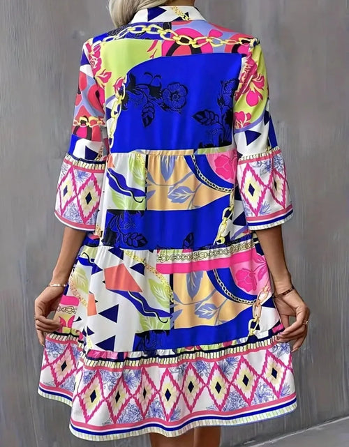 Load image into Gallery viewer, Printed Notched 3/4 Sleeve Tiered Dress

