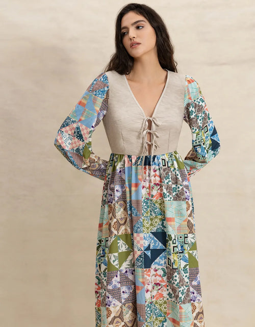 Load image into Gallery viewer, Tied Front Printed Long Sleeve Maxi Dress
