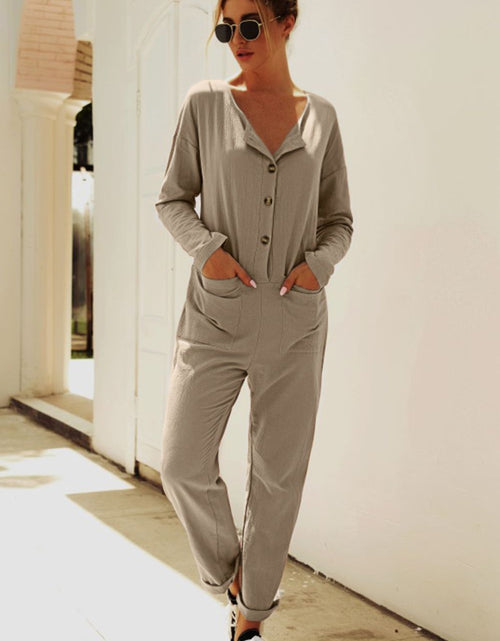 Load image into Gallery viewer, Buttoned Drop Shoulder Pocket Jumpsuit
