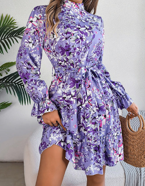 Load image into Gallery viewer, Printed Mock Neck Flounce Sleeve Mini Dress
