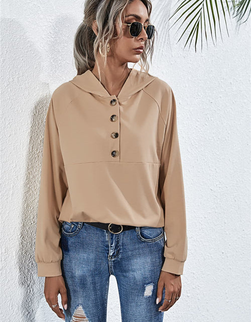 Load image into Gallery viewer, Buttoned Raglan Sleeve Hooded Blouse
