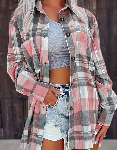 Load image into Gallery viewer, Pocketed Plaid Collared Neck Shacket
