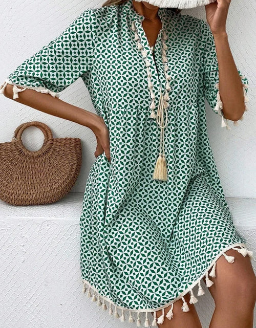 Load image into Gallery viewer, Tassel Printed Notched Half Sleeve Mini Dress
