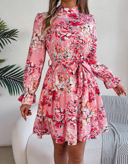 Load image into Gallery viewer, Printed Mock Neck Flounce Sleeve Mini Dress
