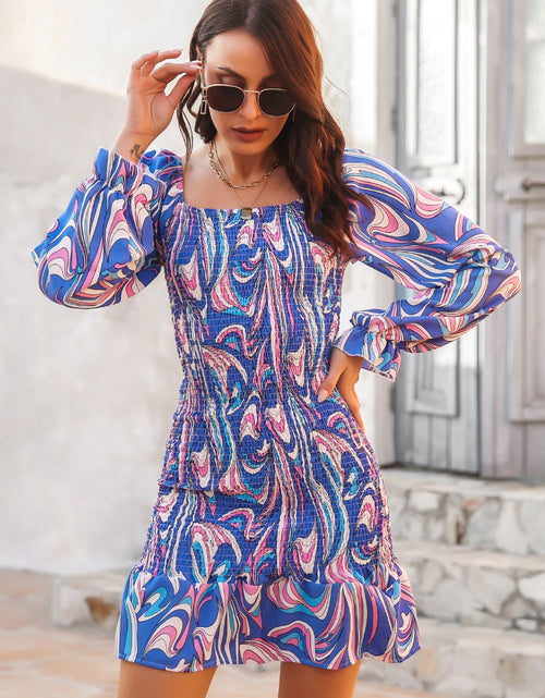 Load image into Gallery viewer, Abstract Print Square Neck Smocked Dress

