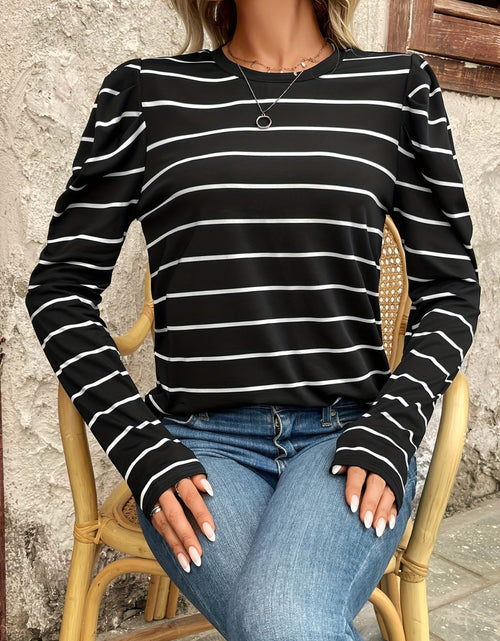 Load image into Gallery viewer, Full Size Striped Round Neck Puff Sleeve T-Shirt
