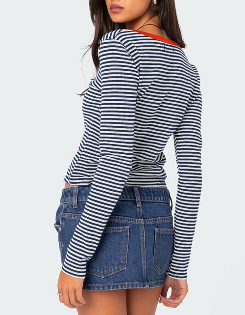 Load image into Gallery viewer, Buttoned Striped Long Sleeve T-Shirt
