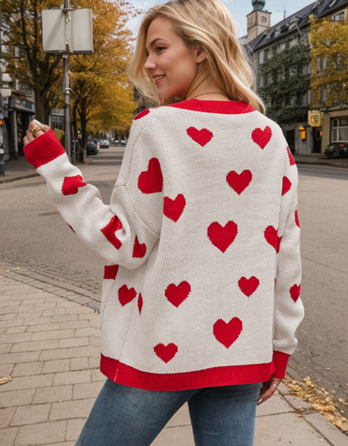 Load image into Gallery viewer, Heart Button Up Dropped Shoulder Long Sleeve Cardigan
