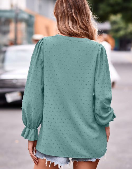 Load image into Gallery viewer, Swiss Dot Notched Neck Flounce Sleeve Blouse
