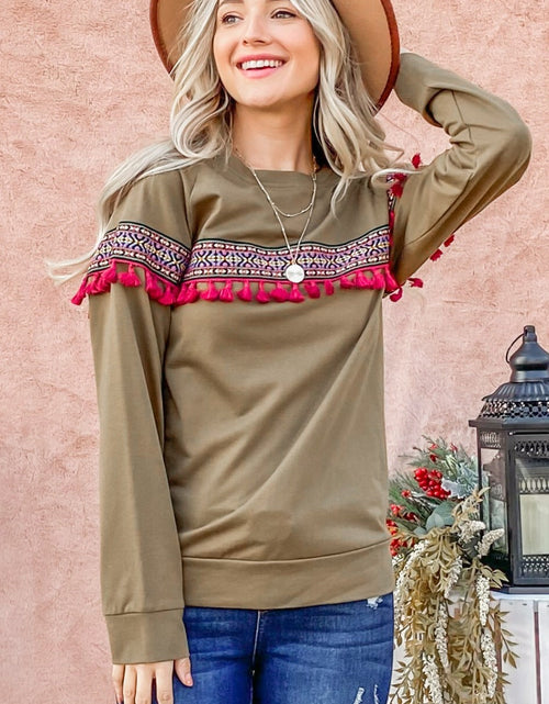 Load image into Gallery viewer, And The Why Ethnic Ribbon Tassel Trim Top
