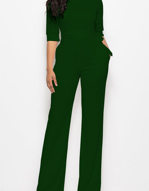 Load image into Gallery viewer, Mock Neck Tie-Waist Half Sleeve Jumpsuit
