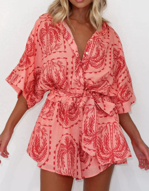 Load image into Gallery viewer, Printed Tie Waist Half Sleeve Romper
