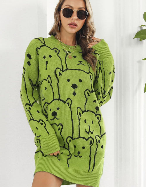Load image into Gallery viewer, Bear Pattern Round Neck Sweater Dress
