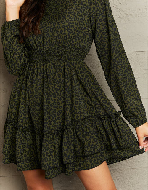 Load image into Gallery viewer, Honey Leopard Smock Waist Long Sleeve Dress
