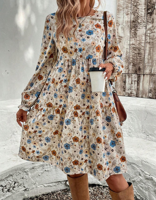 Load image into Gallery viewer, Tiered Floral Round Neck Long Sleeve Dress
