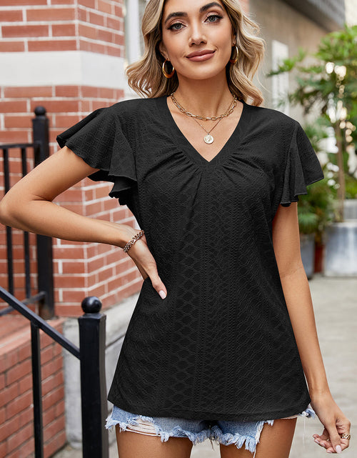 Load image into Gallery viewer, Eyelet V-Neck Flutter Sleeve T-Shirt
