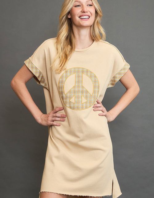 Load image into Gallery viewer, Umgee Peace Plaid Applique Short Sleeve Mini Dress
