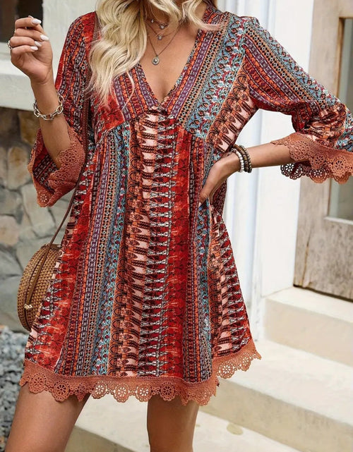 Load image into Gallery viewer, Lace Trim Printed V-Neck 3/4 Sleeve Dress
