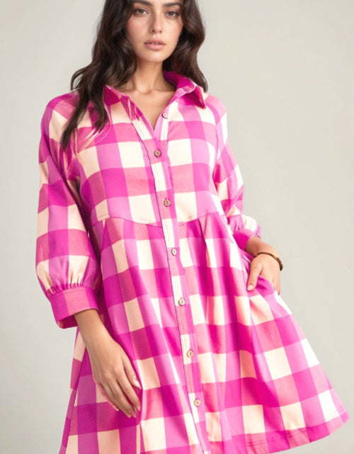 Load image into Gallery viewer, Ruched Plaid Three-Quarter Sleeve Shirt Dress
