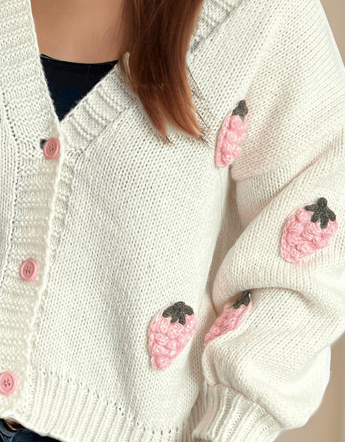 Load image into Gallery viewer, Crochet Strawberry V-Neck Long Sleeve Cardigan
