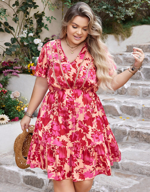 Load image into Gallery viewer, Plus Size Printed V-Neck Flutter Sleeve Dress
