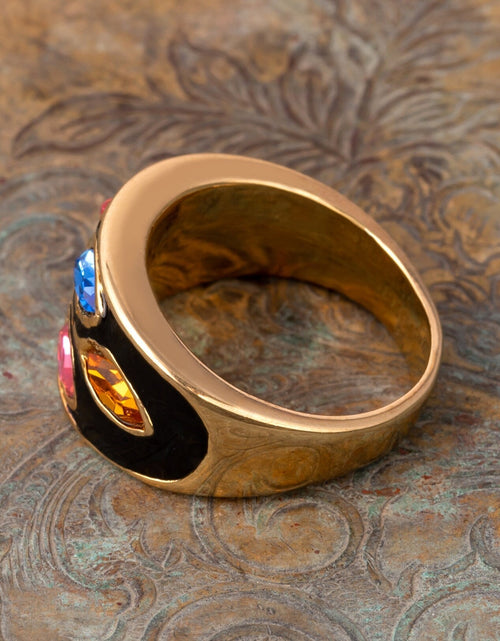 Load image into Gallery viewer, Vintage 1980's Black Enamel Ring with Clear Austrian Crystals Leaf Motif 18k Gold Plated by PVD Vintage Jewelry
