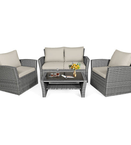 4 Pieces Patio Rattan Furniture Set Sofa Table with Storage Shelf Cushion-Khaki