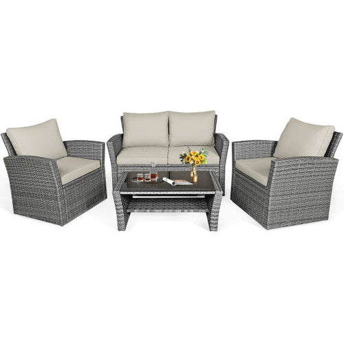 Load image into Gallery viewer, 4 Pieces Patio Rattan Furniture Set Sofa Table with Storage Shelf Cushion-Khaki
