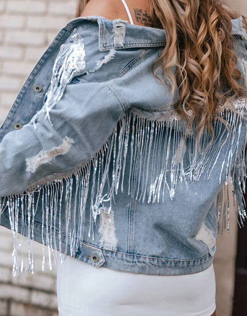 Load image into Gallery viewer, Sequin Fringe Trim Distressed Button Up Denim Jacket
