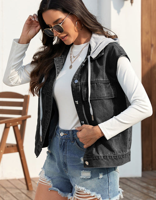 Load image into Gallery viewer, Drawstring Button Up Sleeveless Denim Jacket
