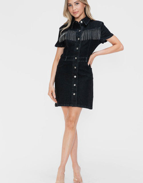 Load image into Gallery viewer, bytos Full Size Embellished Button Down Short Sleeve Denim Dress

