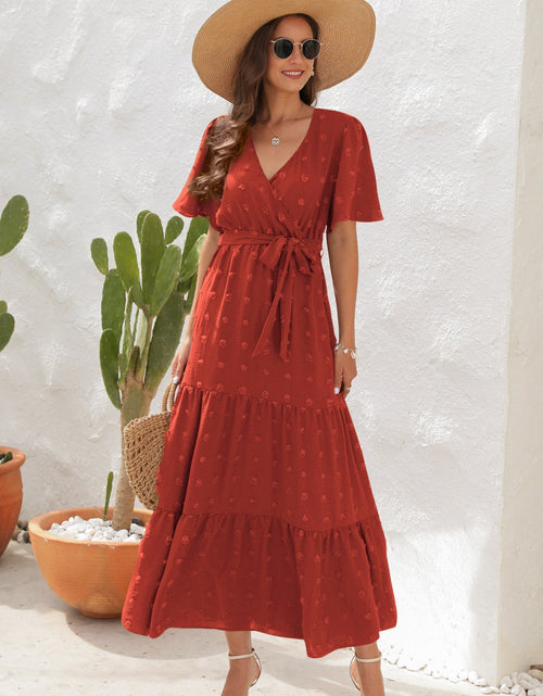 Load image into Gallery viewer, Swiss Dot Tied Surplice Short Sleeve Dress
