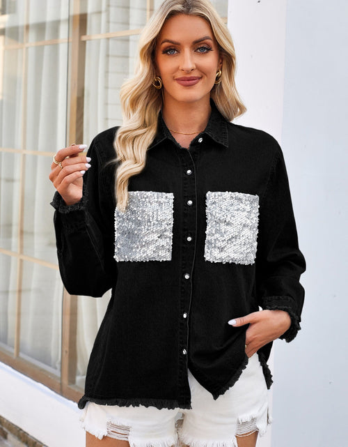 Load image into Gallery viewer, Raw Hem Button Up Long Sleeve Denim Jacket with Sequin Pockets
