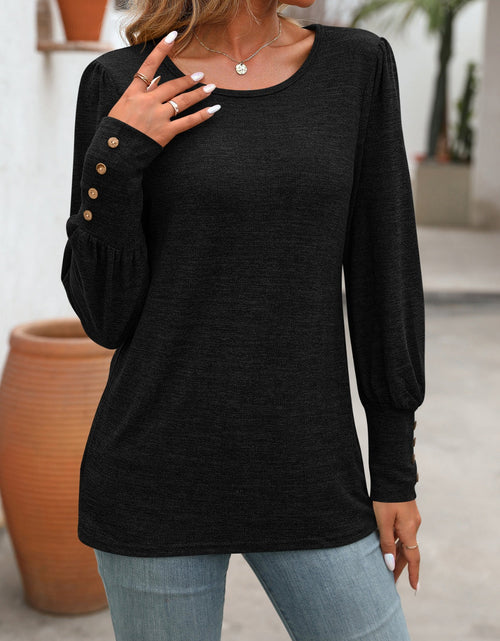 Load image into Gallery viewer, Decorative Button Round Neck Long Sleeve T-Shirt
