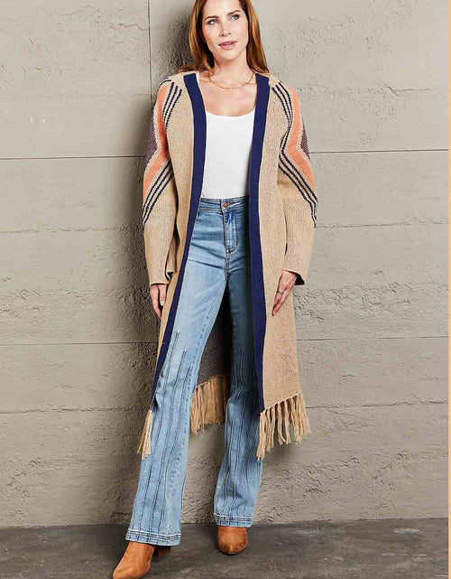 Load image into Gallery viewer, Angel Wings Geometric Fringe Hem Open Front Duster Cardigan
