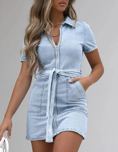 Load image into Gallery viewer, Full Size Zip Front Short Sleeve Denim Dress Plus Size
