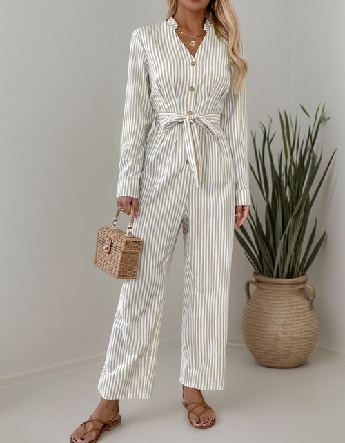 Load image into Gallery viewer, Striped Notched Long Sleeve Tie Waist Jumpsuit
