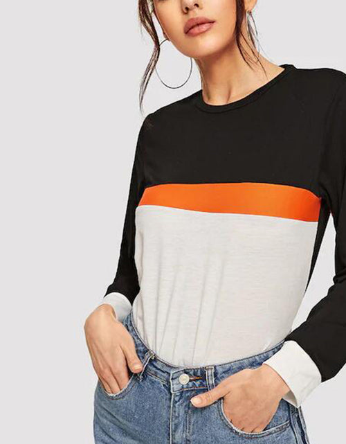 Load image into Gallery viewer, Shiny Color Block Round Neck Long Sleeve Tee
