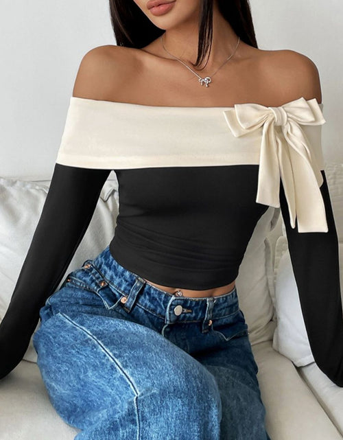 Load image into Gallery viewer, Perfee Bow Contrast Off-Shoulder Long Sleeve Top
