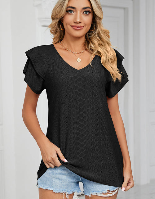Load image into Gallery viewer, Eyelet V-Neck Short Sleeve T-Shirt
