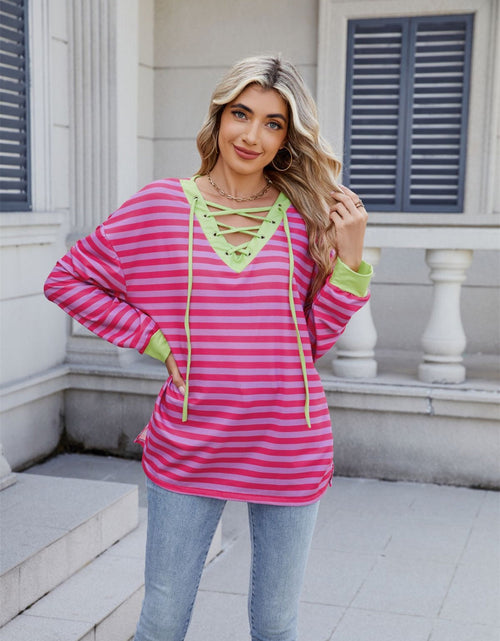 Load image into Gallery viewer, Lace-Up Striped Long Sleeve T-Shirt

