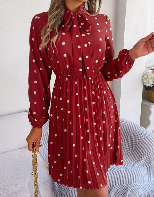 Load image into Gallery viewer, Polka Dot Tie Neck Pleated Dress
