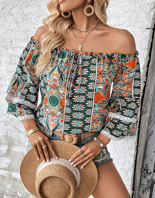 Load image into Gallery viewer, Perfee Printed Frill Trim Off-Shoulder Blouse

