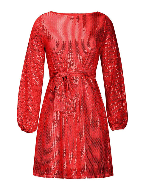 Load image into Gallery viewer, Sequin Tie Waist Long Sleeve Mini Dress
