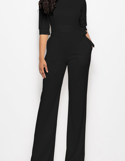 Load image into Gallery viewer, Mock Neck Tie-Waist Half Sleeve Jumpsuit

