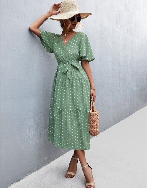 Load image into Gallery viewer, Printed V-Neck Flutter Sleeve Belted Dress
