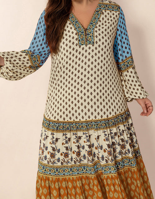 Load image into Gallery viewer, Plus Size Printed V-Neck Balloon Sleeve Maxi Dress
